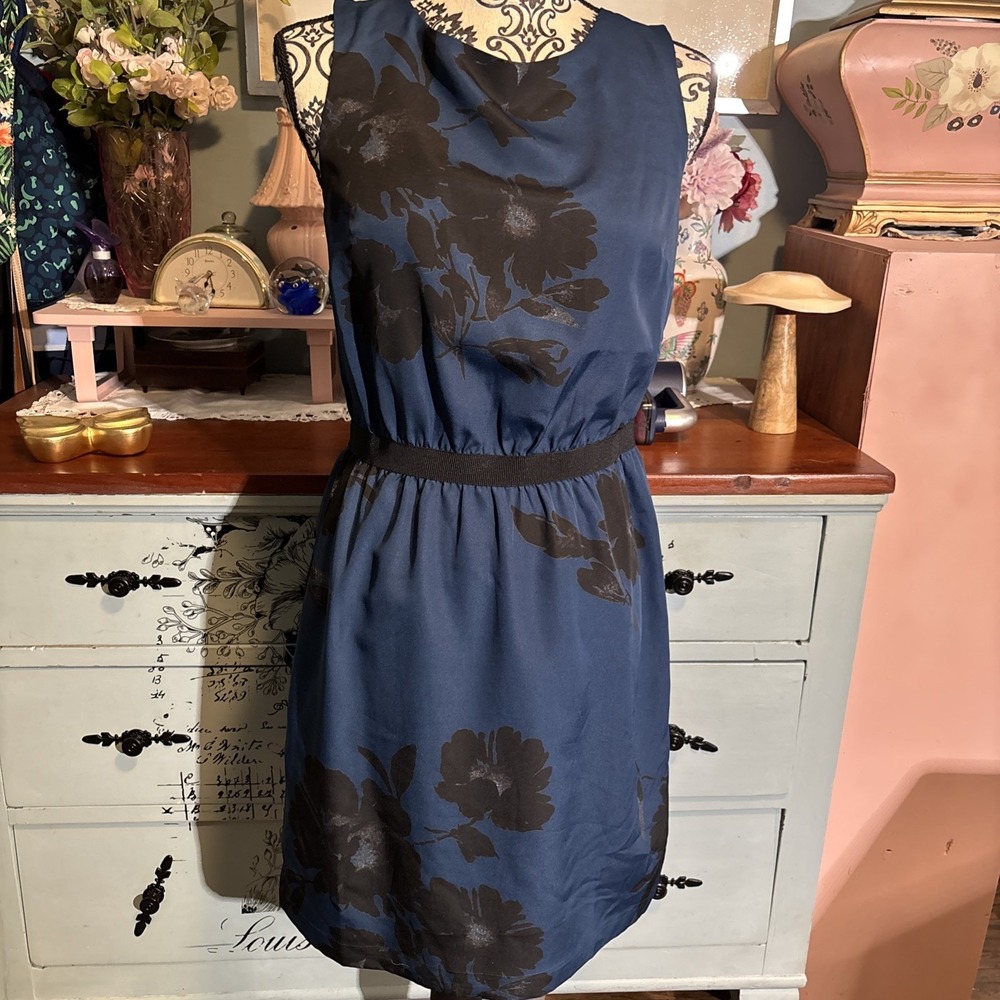 Ann Taylor Loft Blue‎ Black Dress Floral Sleeveless Event Party Workwear XS